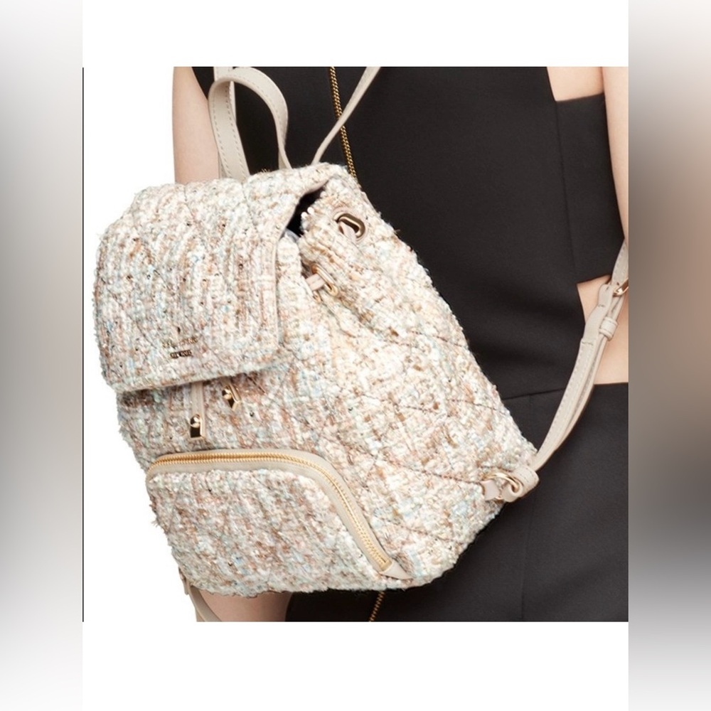 Kate Spade Emerson Place Jessa Backpack Tweed in cream - mint green  Color 8”x8”